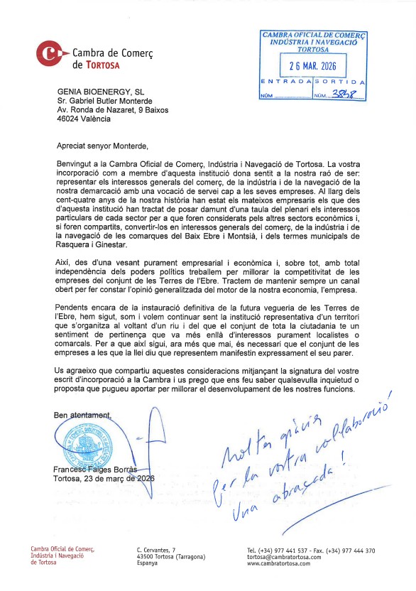 Carta de bienvenida a la Cámara de Comercio, Industria y Navegación de Tortosa